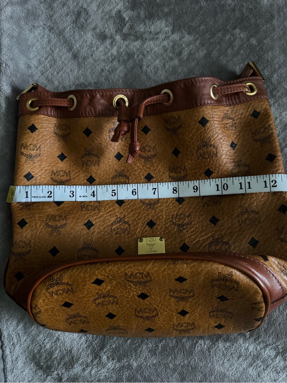 MCM Cognac/Chestnut Visetos Drawstring Shoulder Bag - Picture 11 of 12